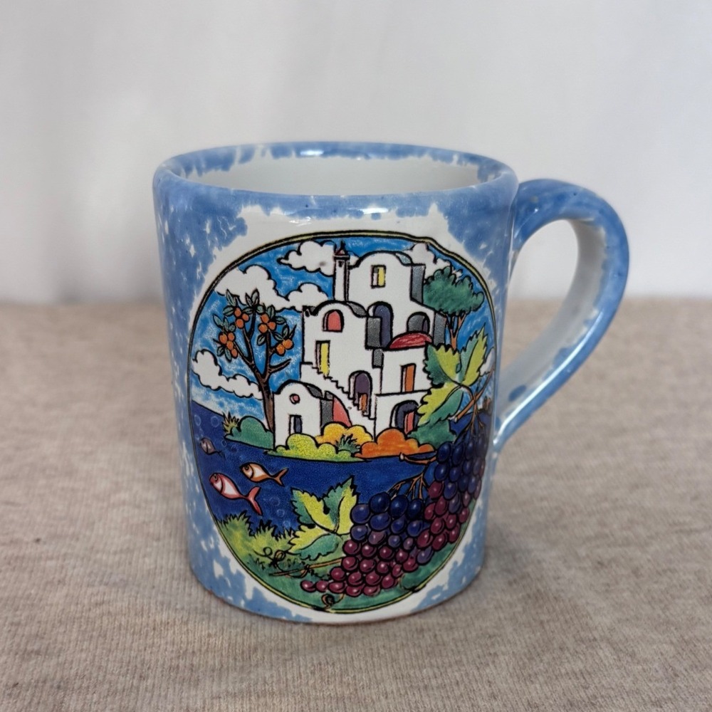 Pisapia Italy Ceramic Coffee Mug Mediterranean Coastal Scene Blue Hand Painted